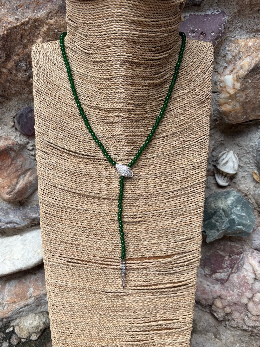 Jade Beaded Lariat Necklace with Silver Naked Head Accent